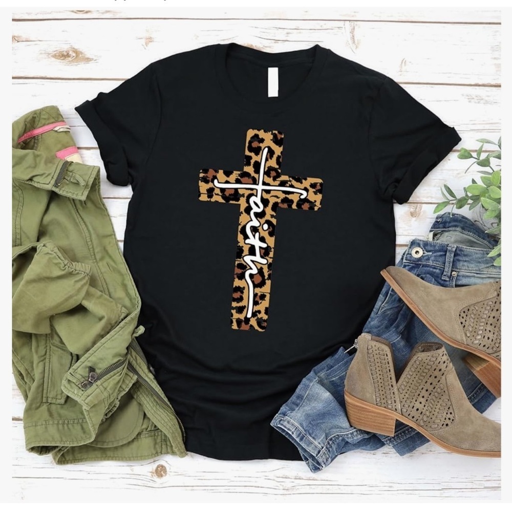 🆕 Love in Faith | Leopard Faith Cross | Christian T-Shirts for Women 3X